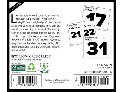 2025 Willow Creek Big Day 5.86 x 4.72 Day-to-Day Calendar, White/Black (40676)