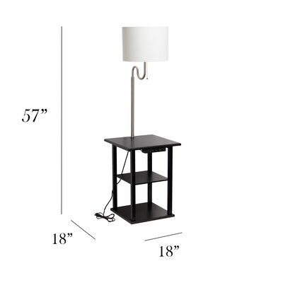 Simple Designs 57" Modern 2 Tier End Table Floor Lamp Combination with White Drum Fabric Shade, Black (LF2016-BLK)