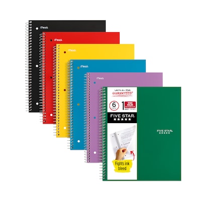 Five Star® 1-Subject Wirebound Notebook, 8 x 10.5, Wide/Legal Rule, 100 Sheets, Assorted Colors, 6