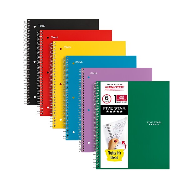 Five Star® 1-Subject Wirebound Notebook, 8 x 10.5, Wide/Legal Rule, 100  Sheets, Assorted Colors, 6