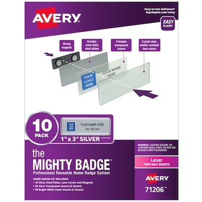 Avery The Mighty Badge Laser Reusable  Magnetic Name Badge System, 1 x 3, Silver, 80 Inserts, 10/P