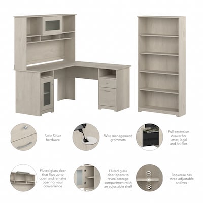 Bush Furniture Cabot 60" L-Shaped Desk with Hutch and 5-Shelf Bookcase, Linen White Oak (CAB011LW)