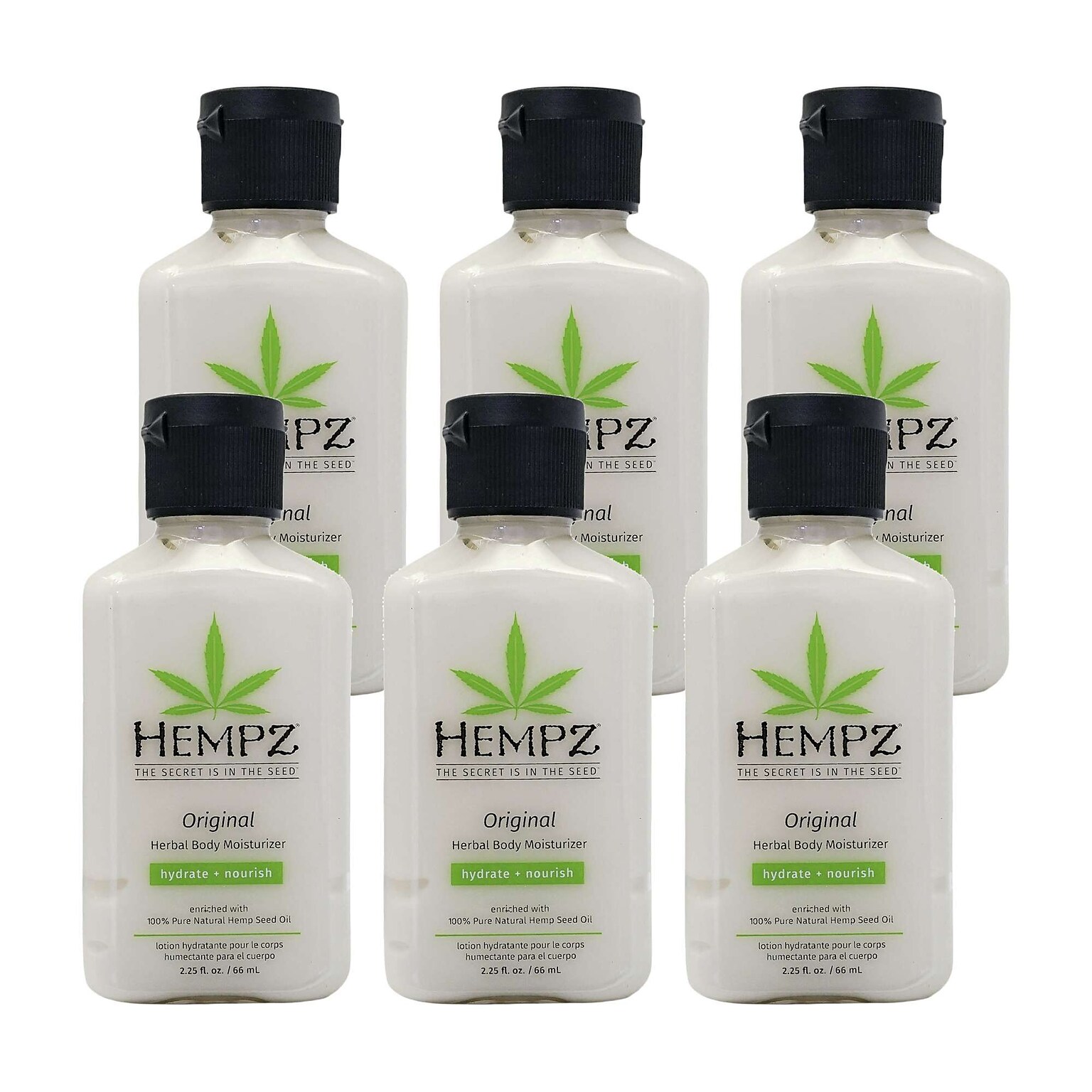 Hempz Original Herbal Body Moisturizer, 2.25 oz Travel Size Bottle, 6 Bottles/Bag, 16 Bags/Carton