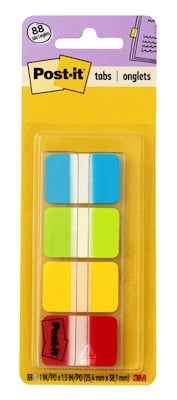 Post-it Tabs, 1 Wide, Solid, Assorted Colors, 88 Tabs/Pack (686-ALYR1IN)