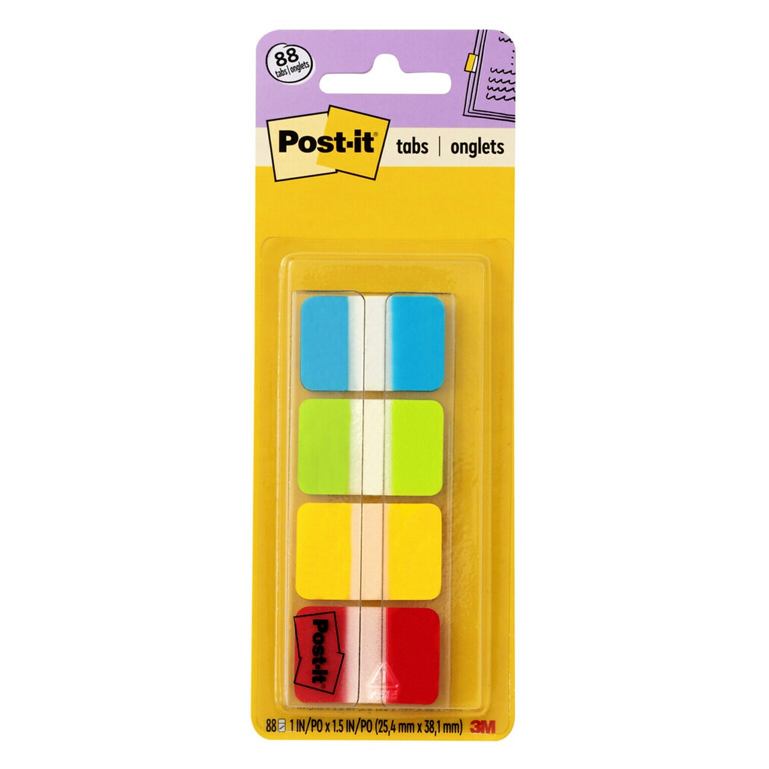 Post-it Tabs, 1 Wide, Solid, Assorted Colors, 88 Tabs/Pack (686-ALYR1IN)