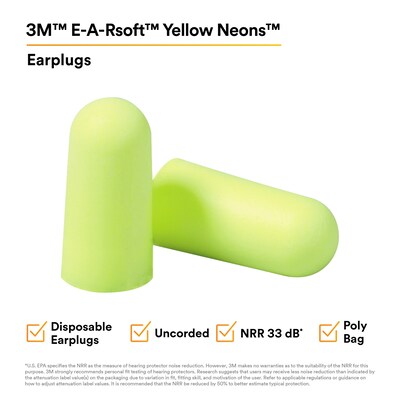3M E-A-Rsoft Yellow Neons Earplugs 312-1250, Uncorded, Poly Bag, 200 Pairs/Case (312-1250)