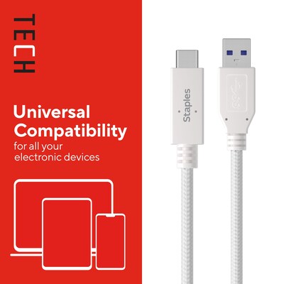 Staples TECH USB-C to USB-A Charging Cable, 3.3 ft., White (ST62316)