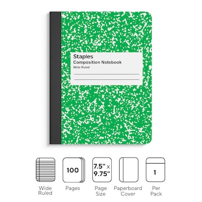 Staples® Composition Notebook, 7.5 x 9.75, Wide Ruled, 100 Sheets, Green (ST55074)