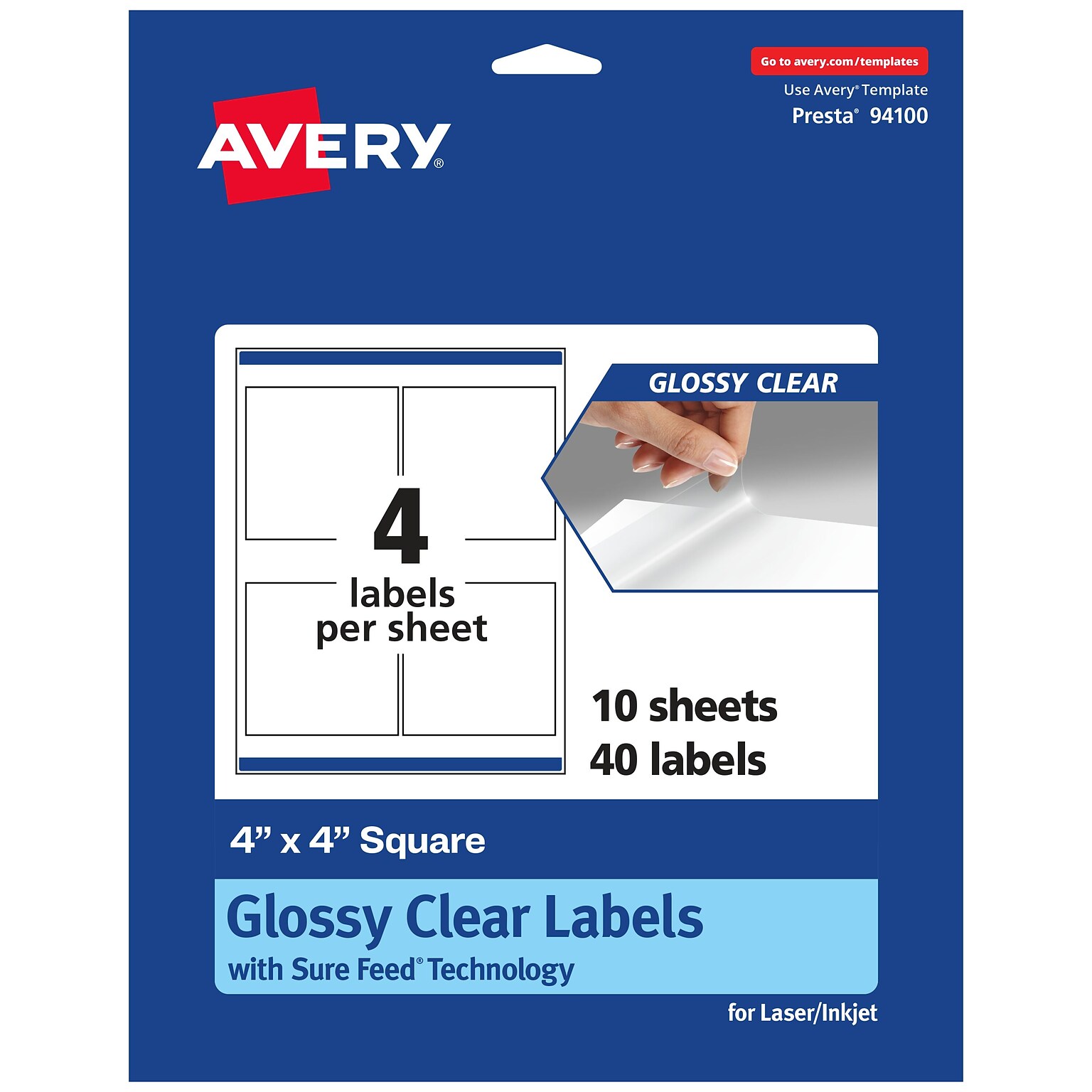 Avery Laser/Inkjet Square Glossy Labels, 4 x 4, Clear, 40 Labels/Pack (94100)