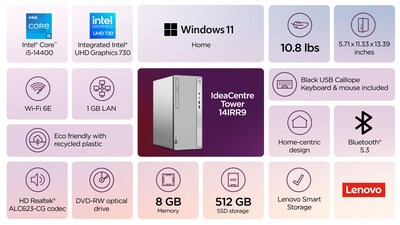 Lenovo IdeaCentre Tower Desktop Computer, Intel Core i5-14400, 8GB RAM, 512GB SSD, Mouse & Keyboard