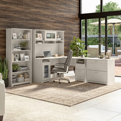 Bush Furniture Cabot 60W L Shaped Computer Desk with Hutch, File Cabinet and Bookcase, Linen White