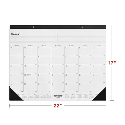 2025 Staples 22" x 17" Desk Pad Calendar, Unlined, Black/White (ST58448-25)