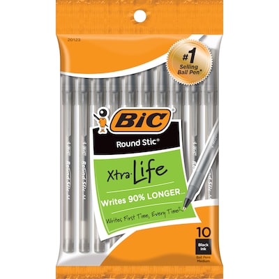 BIC Round Stic Xtra Life Ballpoint Pens, Medium Point, Black Ink, 10/Pack  (20123) | Quill.com