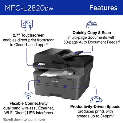 Brother MFC-L2820DW Wireless Compact Monochrome All-in-One Laser Printer with Copy, Scan and Fax, Re