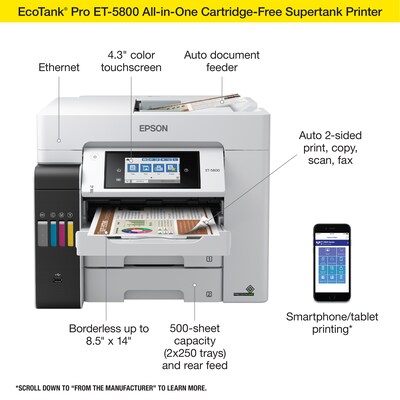 Epson EcoTank Pro ET-5800 Wireless All-in-One Cartridge-Free SuperTank Office  Printer, prints up to | Quill.com