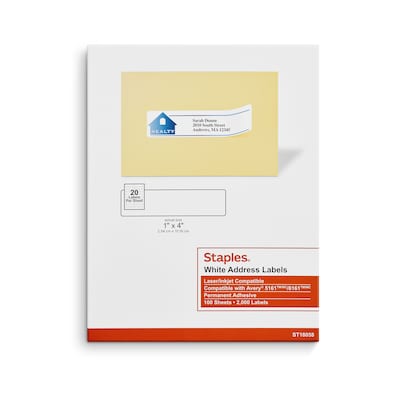Staples® Laser/Inkjet Address Labels, 1 x 4, White, 20 Labels/Sheet, 100 Sheets/Pack, 2000 Sheets/