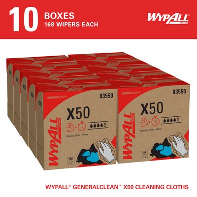 WypAll GeneralClean X50 Cloth Cleaning Wipers, 12.5 x 9.1, White, 168 Wipers/Box, 10/Carton (83550