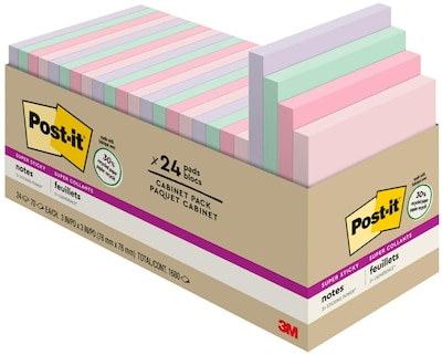 Post-it Recycled Super Sticky Notes, 3 x 3 in., 24 Pads, 70 Sheets/Pad, 2x the Sticking Power, Wande