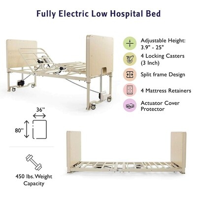 Medacure Super Low Fully Electric Bariatric Adjustable Hospital Bed, Pivot Rails Included (PHP-ULB3.9NM)