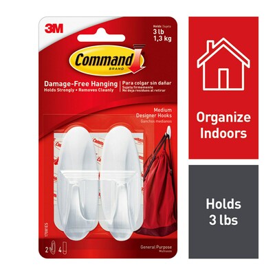 Command Medium Designer Hooks, 3 lb., White, 2/Pack (17081ES)