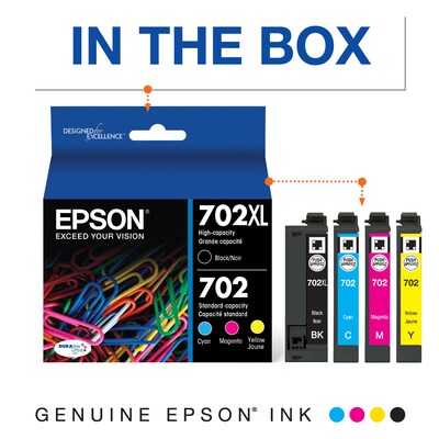 Epson T702XL/T702 Black High Yield and Cyan/Magenta/Yellow Standard Yield Ink Cartridge, 4/Pack   (T702XL-BCS)