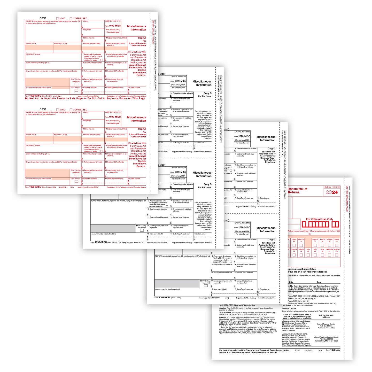 ComplyRight 2024 1099-MISC Tax Form, 4-Part, 2-Up, Copy A, B, C/2, 1096 Transmittal, 100/Pack (6103100)