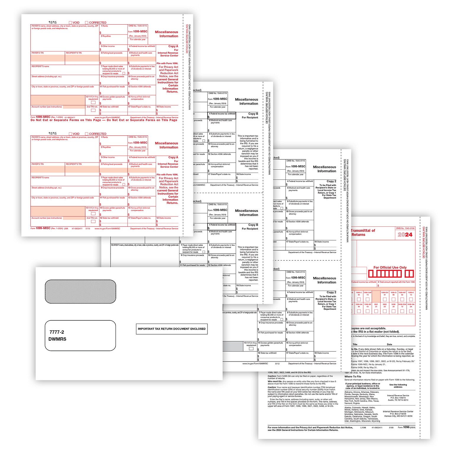 ComplyRight 2024 1099-MISC Tax Form Self-seal envelopes, 3-Part, 2-Up, Copy A, B, C/2, 1096 Transmittal, 25/Pack (6102E25)