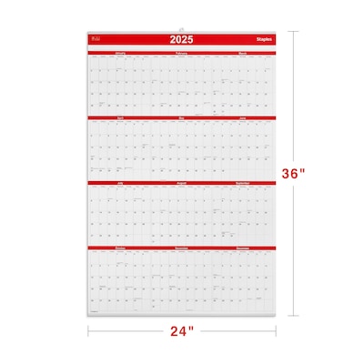 2025 Staples 24" x 36" Wall Calendar, Red/Black/White (ST53999-25)