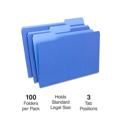 Staples® File Folders, 1/3 Cut Tab, Legal Size, Blue, 100/Box (TR224568)