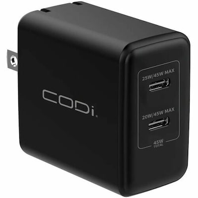 CODi PowerLine+ 45W Dual USB-C Universal Wall Charger, Black (WC045-2C)