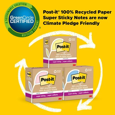 Post-it Recycled Super Sticky Notes, 3" x 3", Wanderlust Pastels Collection, 70 Sheet/Pad, 24 Pads/Pack (654R-24SSNRPCP)