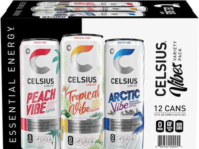 Celsius Sugar-Free Peach Vibe, Tropical Vibe, Arctic Vibe Variety Pack Sparkling Energy Drink, 12 fl