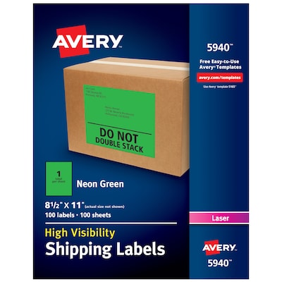 Avery Laser Shipping Labels, 8-1/2 x 11, Neon Green, 1 Label/Sheet, 100 Sheets/Box (5940)