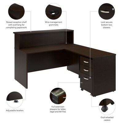 Bush Business Furniture Arrive 60"W L Shaped Reception Desk with Shelf and Mobile File Cabinet, Mocha Cherry (ARV004MR)