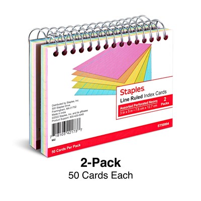 Staples™ 3" x 5" Index Cards, Lined, Neon, 50 Cards/Pack, 2 Packs/Carton (TR50994)