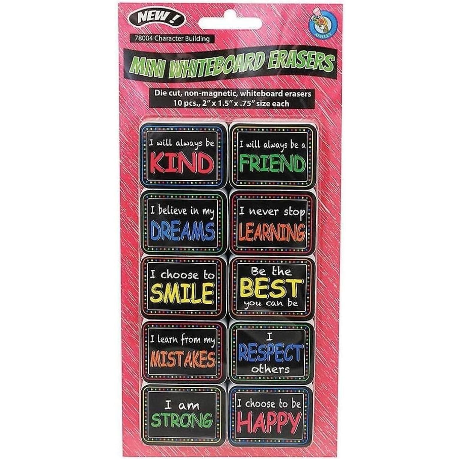 Ashley Productions Non-Magnetic Mini Whiteboard Erasers, Character Building, 10 Per Pack, 3 Packs (ASH78004-3)