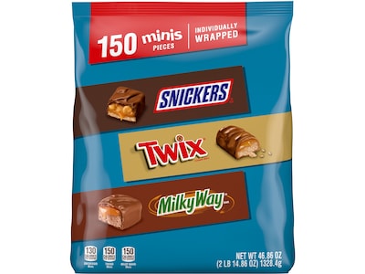 Snickers, Twix and MilkyWay Minis Milk Chocolate Candy Bars Bulk Variety Pack, 46.86 oz., 150 Pieces