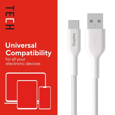 Staples TECH USB-C to USB-A Charging Cable, 6.5 ft., White (ST62338)