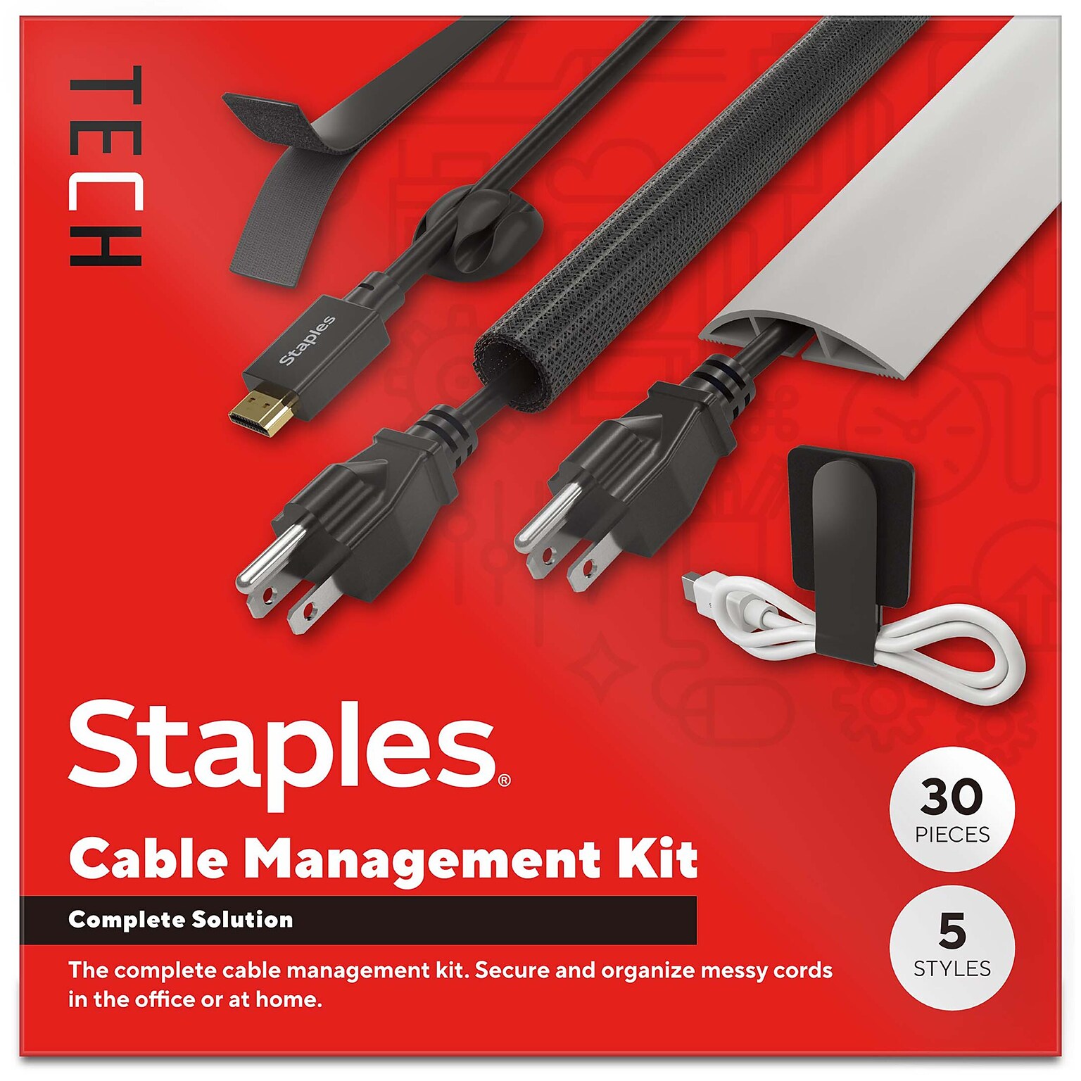 Staples TECH Cable Management Kit, Assorted Colors, 30/Pack (ST62395)