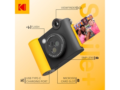 Kodak Smile+ 5 Megapixels Digital Instant Print Camera, Black/Yellow (RODSMPCAMBK)