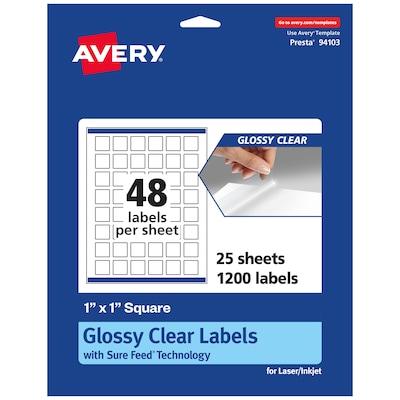 Avery Laser/Inkjet Square Glossy Labels, 1 x 1, Clear, 1,200 Labels/Pack (94103)