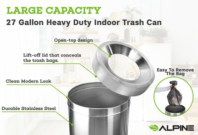 Alpine Industries Stainless Steel Trash Can with Open Lid, 27 Gallon, Silver (ALP475-27)