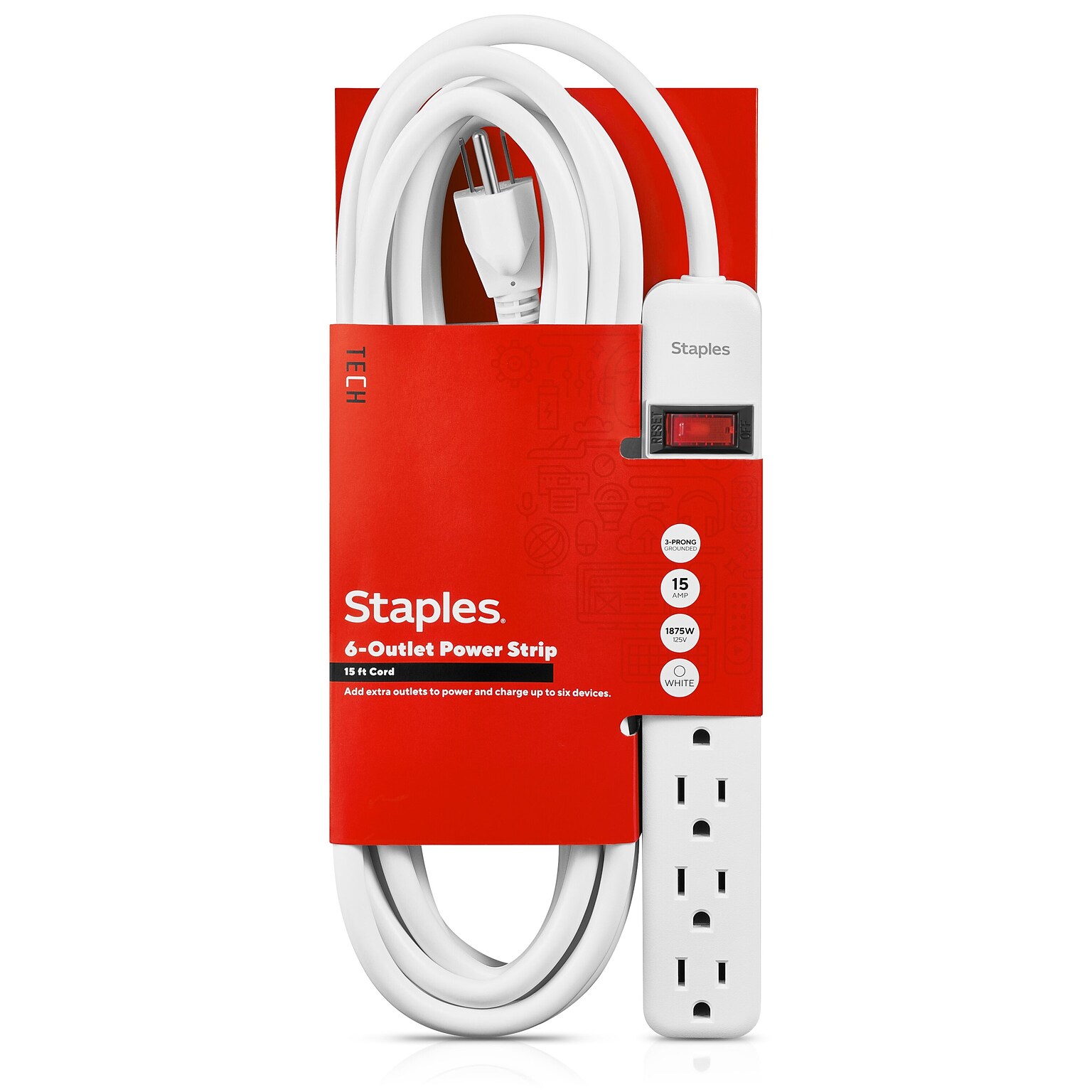 Staples TECH 6-Outlet Power Strip, 15 Cord, White (17649)