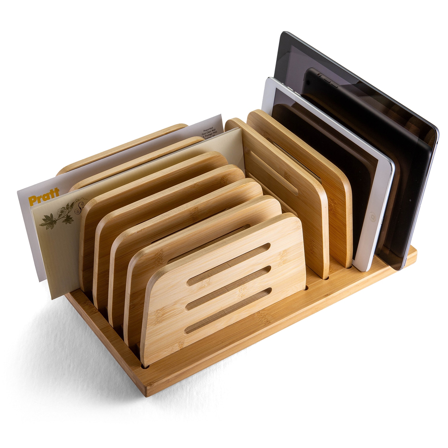 Officemate Bamboo Desk Accessories 9-Compartment Stackable Bamboo Multi-Supply Holder Desk Organizer, Natural Wood Grain (71002)