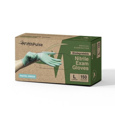 FifthPulse Biodegradable Powder Free Nitrile Exam Gloves, Latex Free, Large, Green, 150 Gloves/Box (