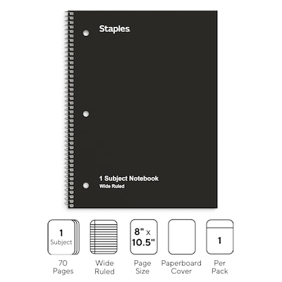 Staples 1-Subject Notebook, 8 x 10.5, Wide Ruled, 70 Sheets, Black (TR24001)