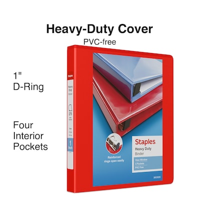 Staples® Heavy Duty 1 3 Ring View Binder with D-Rings, Red (ST56295-CC)