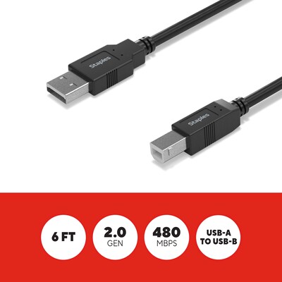 Staples TECH 6 ft. USB-A to USB-B 2.0 Cable, Male to Male, Black (ST62438)