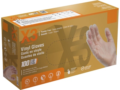 Ammex Professional X3 Powder Free Vinyl Gloves, Latex Free, Clear, XL, 100/Box (GPX348100)