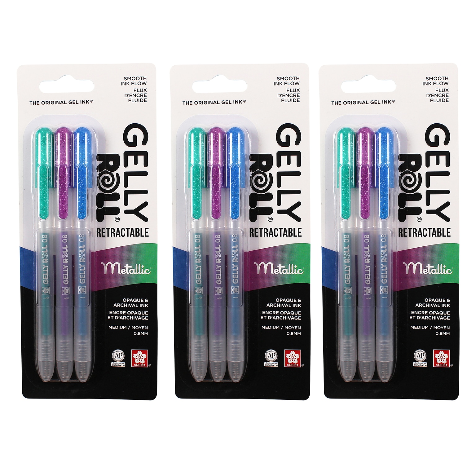 Sakura Metallic Retractable Pen, Liquid Ink, Assorted Ink, 3/Bundle (SAK50602-3)